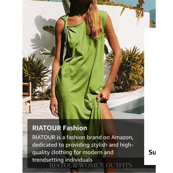 🌿🎨 NEW Riatour XS Pale Green Midi Dress –  Asymmetric Straps, Cotton, Pockets - Picture 7 of 10